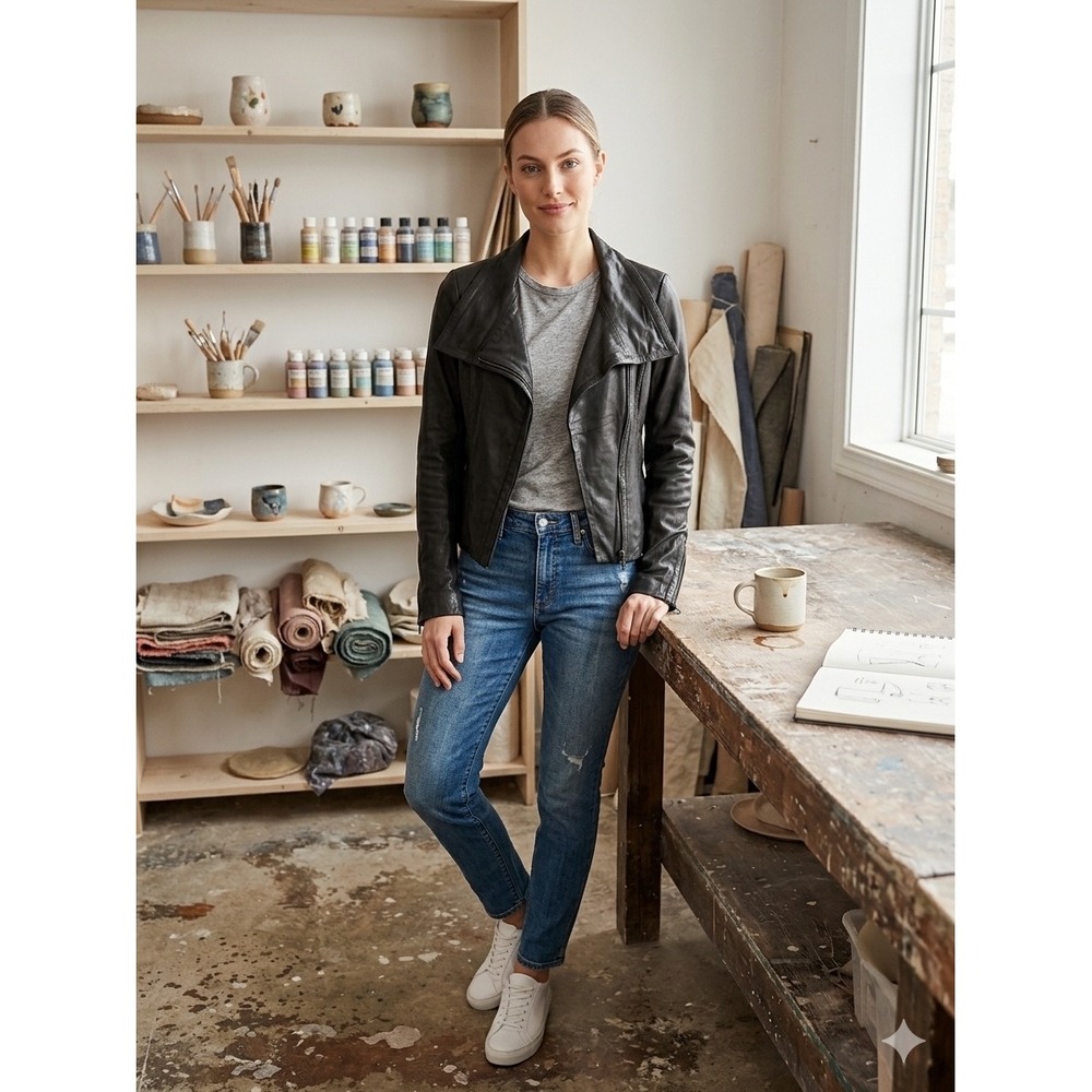 Danier Leather Jacket Women 2XS Black Asymmetric Zip Moto Biker Draped Collar